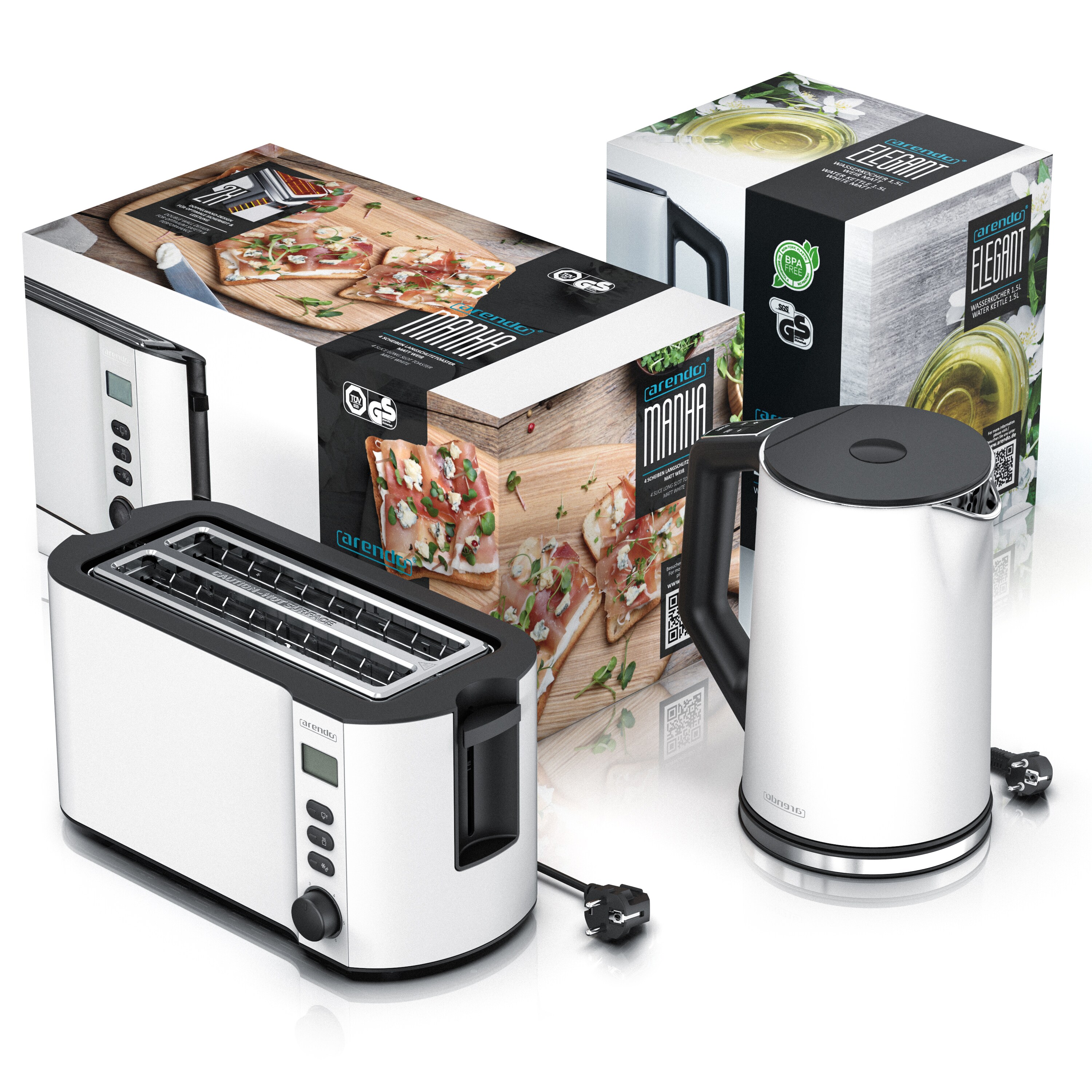 Arendo Frühstücks-Set, Wasserkocher 1,5L mit Temperatureinstellung, 4-Scheiben Toaster Langschlitz, Weiß