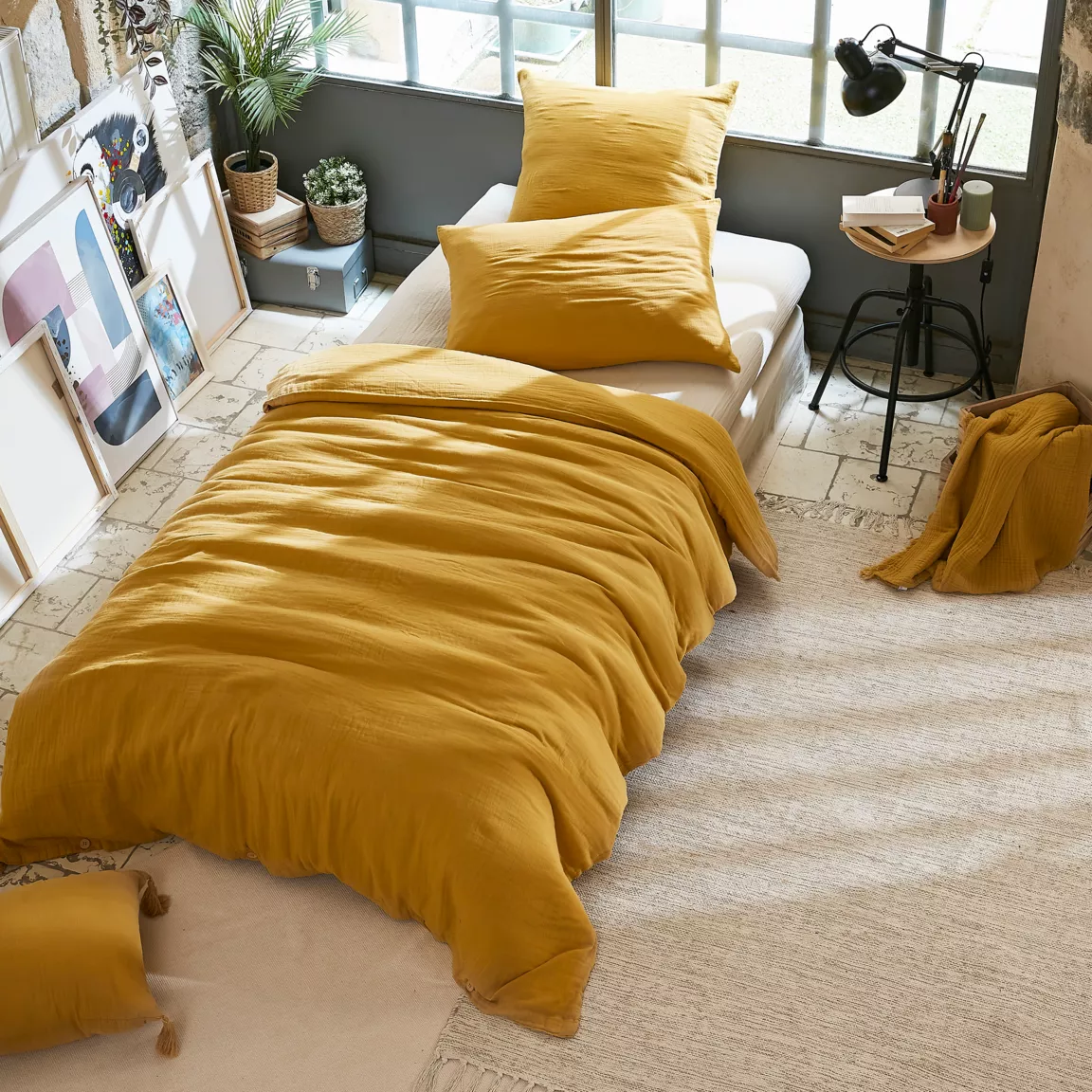 Drap housse gaze de coton (90 x 190 cm) Gaïa Jaune safran