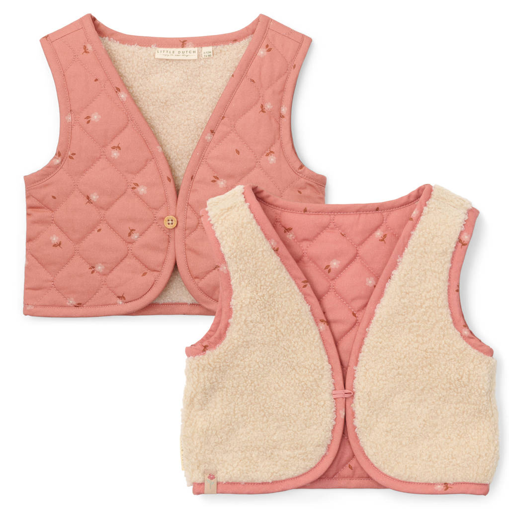Little Dutch reversible teddy gilet met bloemen roze/ecru