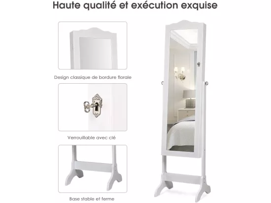 Armoire à bijoux sur pied avec 14 lampes led, verrouillable, réglable à 4 angles avec 2 tiroirs