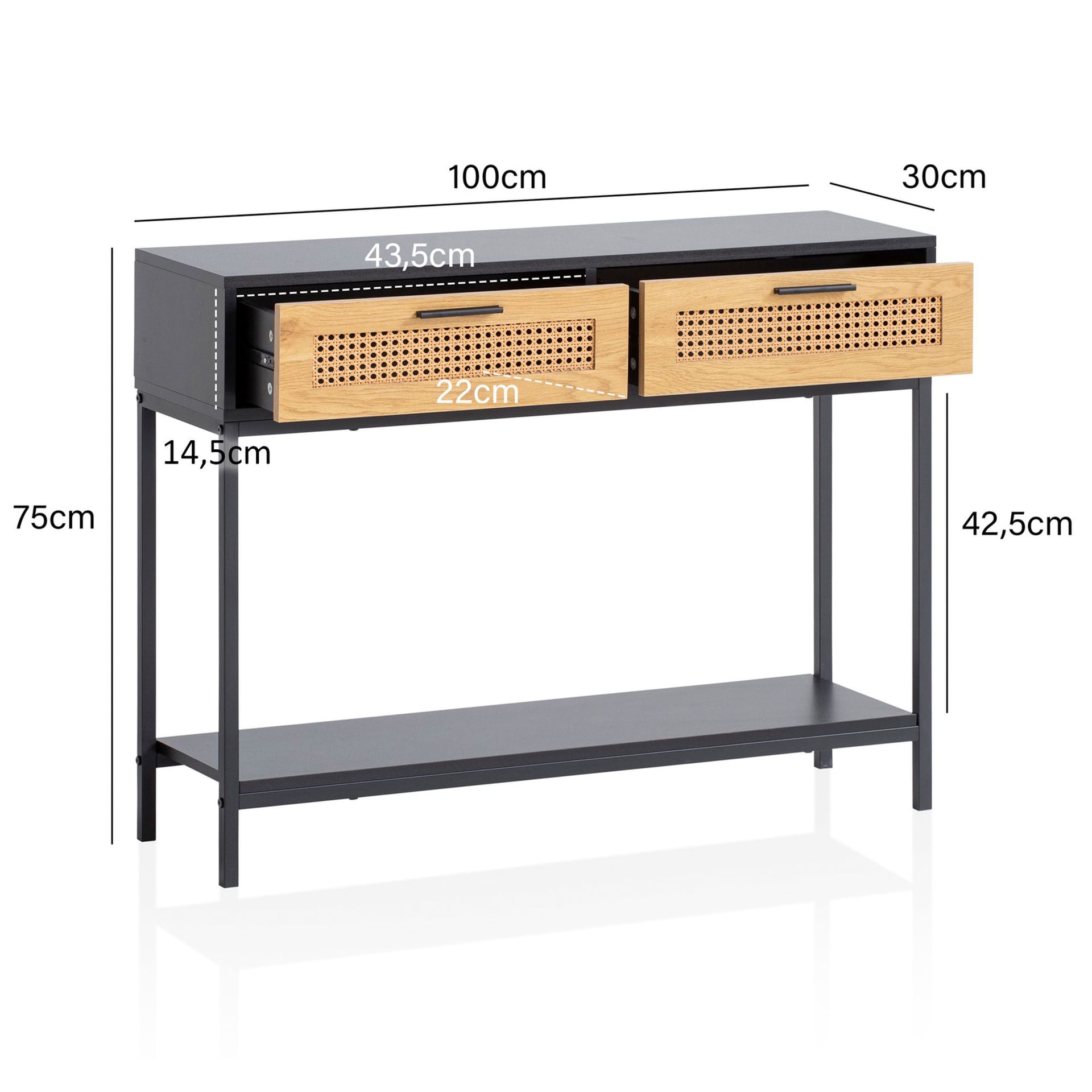 Konsolentisch 100 x 75 x 30 cm Schwarz/ Wiener Geflecht