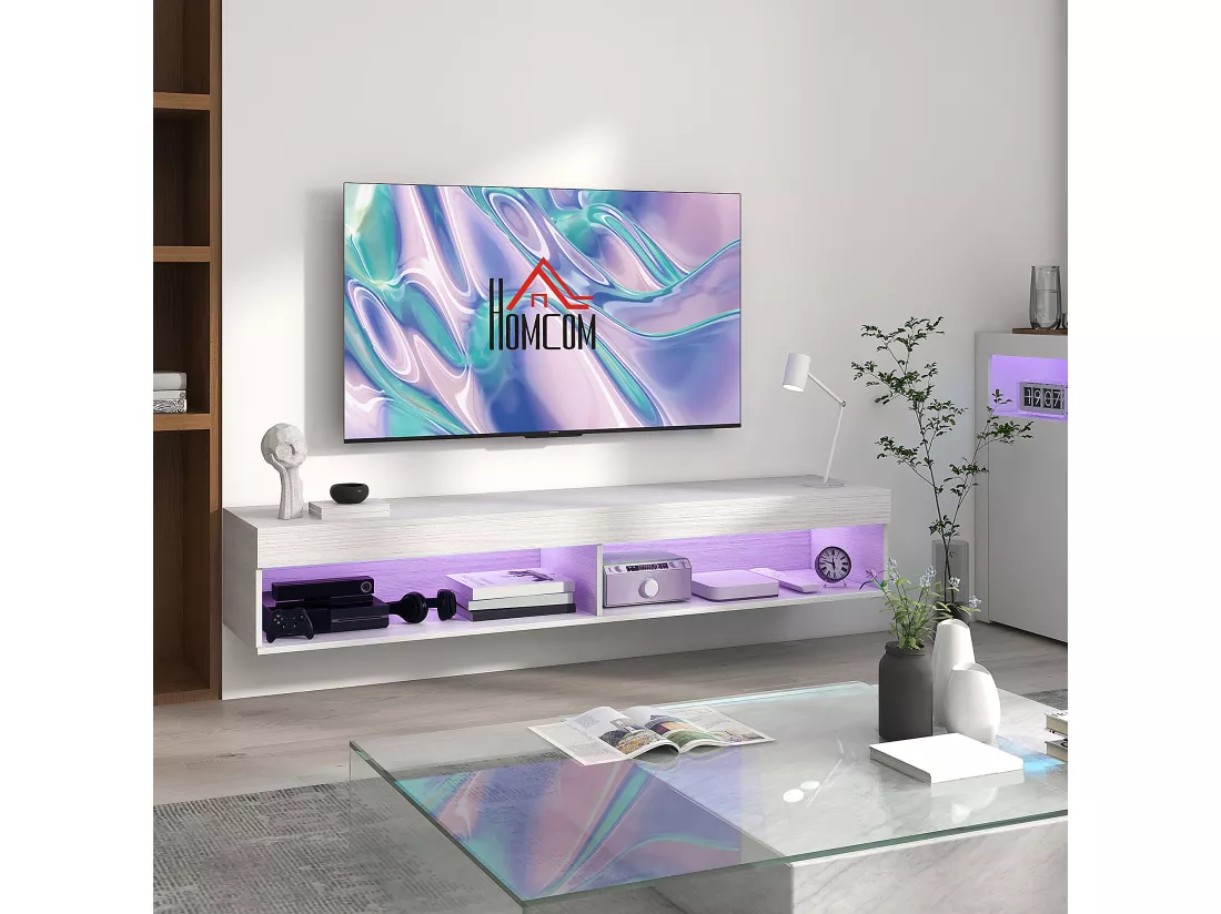 Meuble TV design LED suspendu mural - 75 pouces max. - 2 niches - dim. 180L x 40l x 30H cm - aspect bois blanc