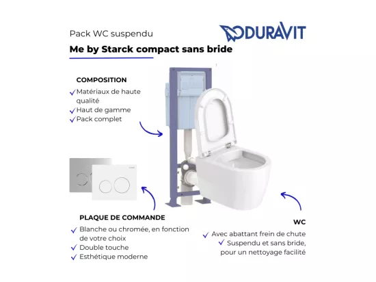 Pack WC suspendu compact sans bride DURAVIT Me by Starck abattant frein de chute + bati support SIAMP + Plaque de commande blanche