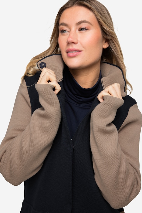 Strickjacke, zweifarbig, Stehkragen, Druckknöpfe, Langarm