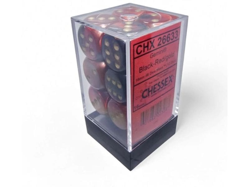 Chessex Würfelset Gemini 16 mm d6 Schwarz-Rot/Gold 12 Stk. Würfelset mit 12 Würfeln