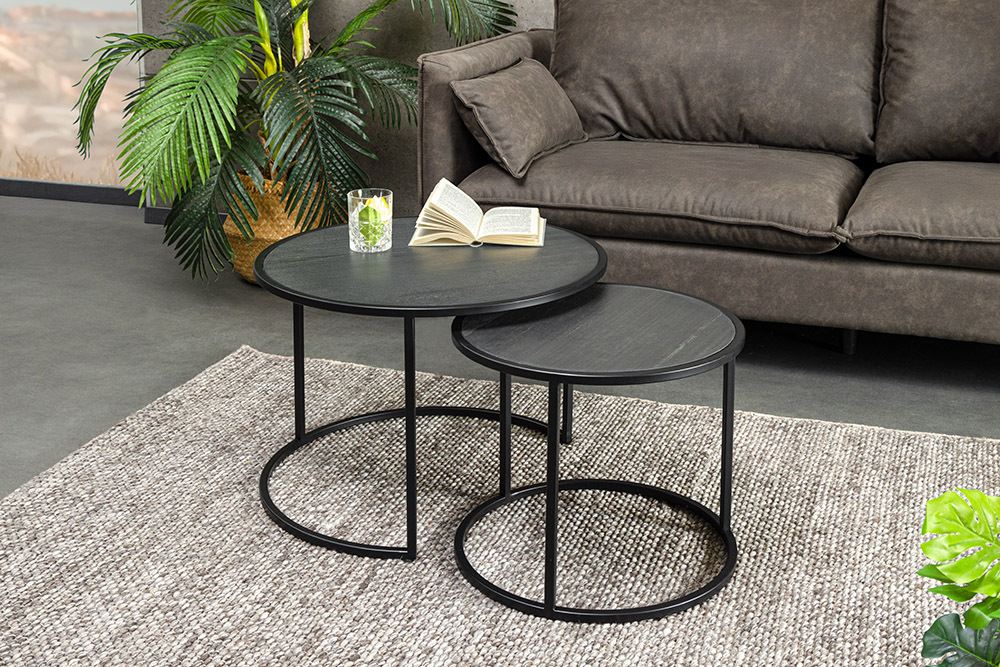 Rundes 2er Set Couchtische MOUNTAIN SOUL 60cm schwarz Naturstein Design Metall