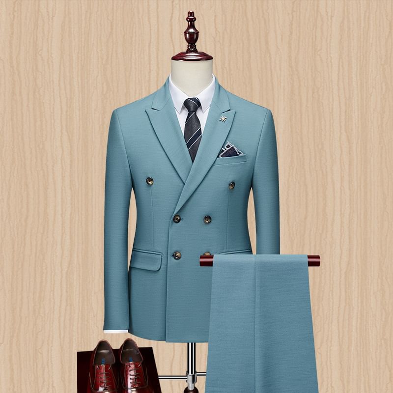 Sheck - Set: Blazer met reverskraag en dubbele rij knopen + Effen pantalon met middelhoge taille + Overhemd met kraag en knopen