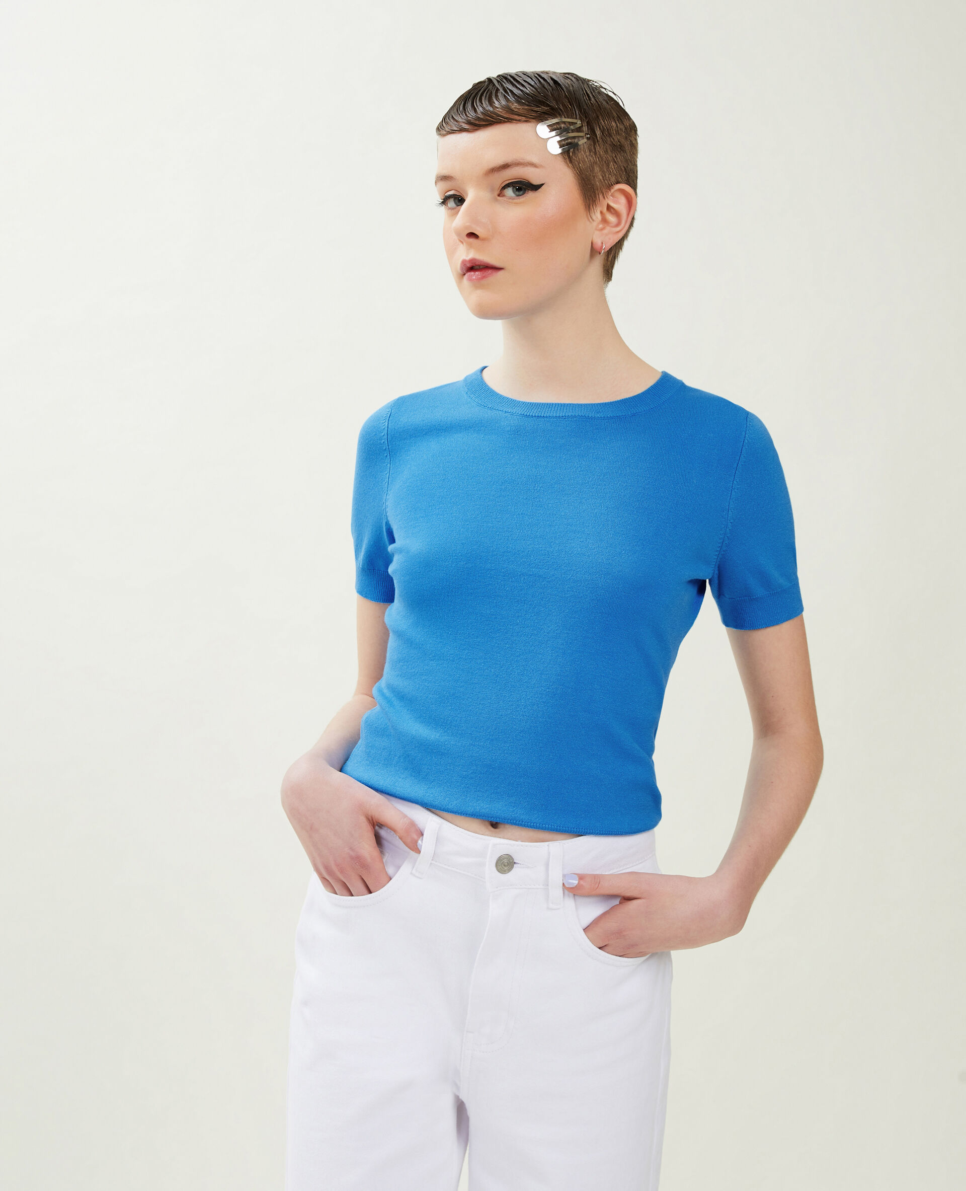 Pull manches courtes en maille fine - Bleu