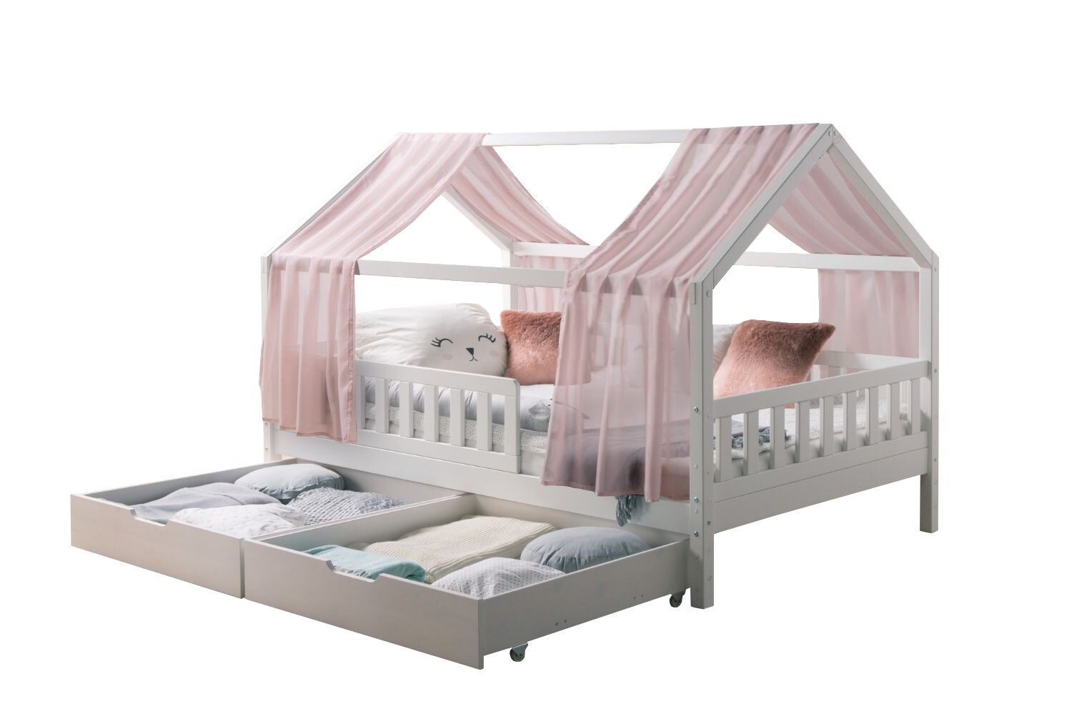 TiCAA TiCAA Kinderbett Hausbett mit Tüll Kim 90x200 cm, 100x200 cm, 120x200 cm, 140x200 cm für Jungen & Mädchen, inkl. Rolllattenrost, Schubkasten und Rausfallschutz variabel, Montessori Bett Weiß aus Kiefer Massivholz