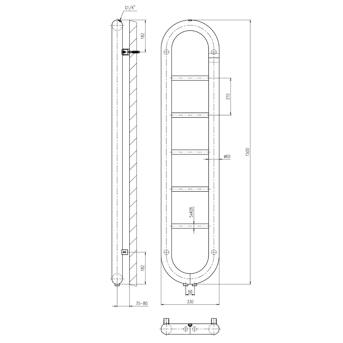 Sapho Horizon handdoekradiator 33x150cm zwart mat 251W
