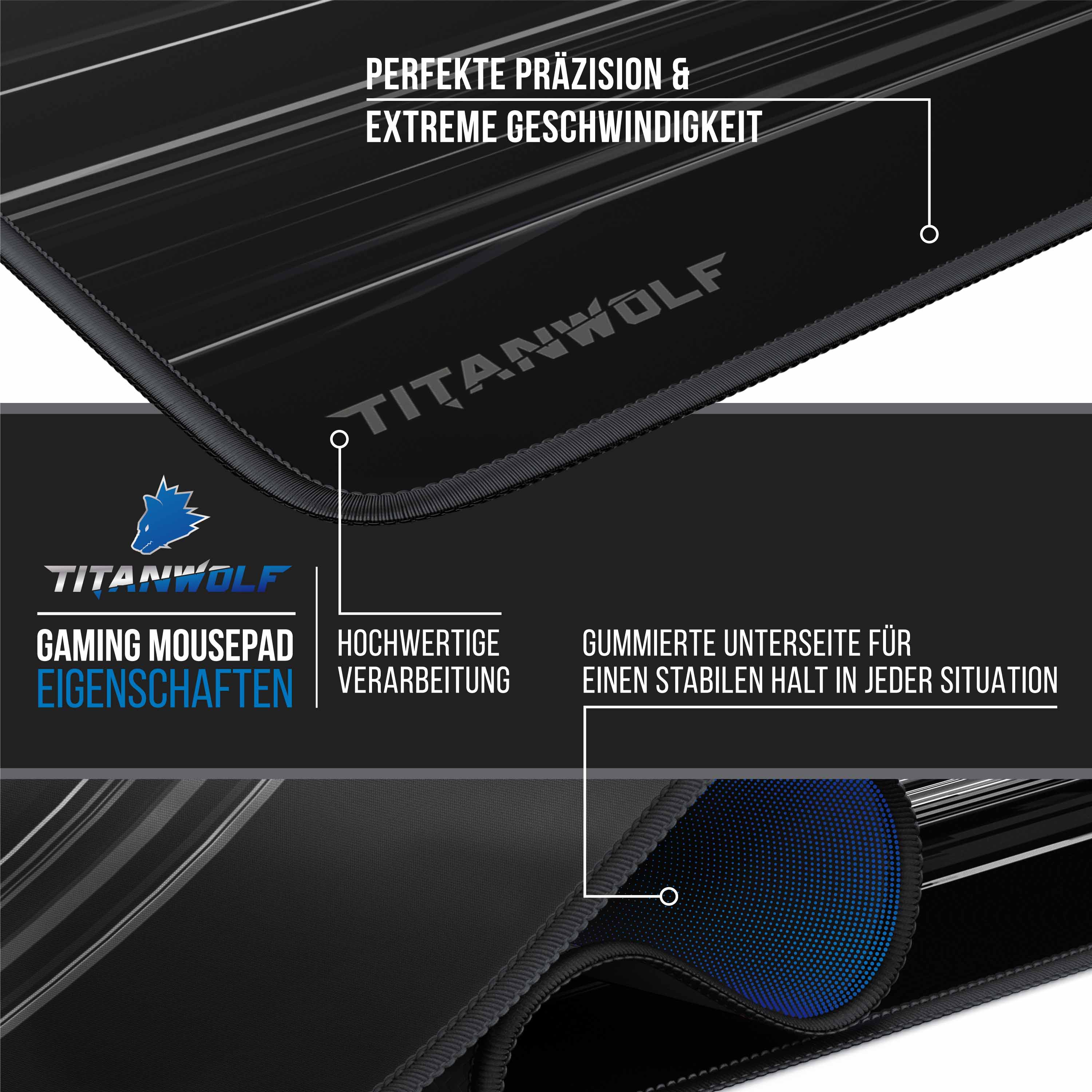 Titanwolf Gaming Mauspad, XXXL Speed Mousepad 1200 x 600 mm, Geschwindigkeit & Präzision, Wolf Epsilon