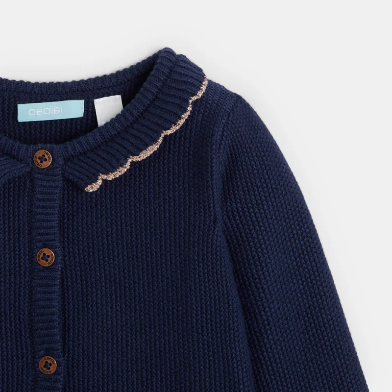 Gilet boutonné côtelé col volant bleu bébé fille Bleu