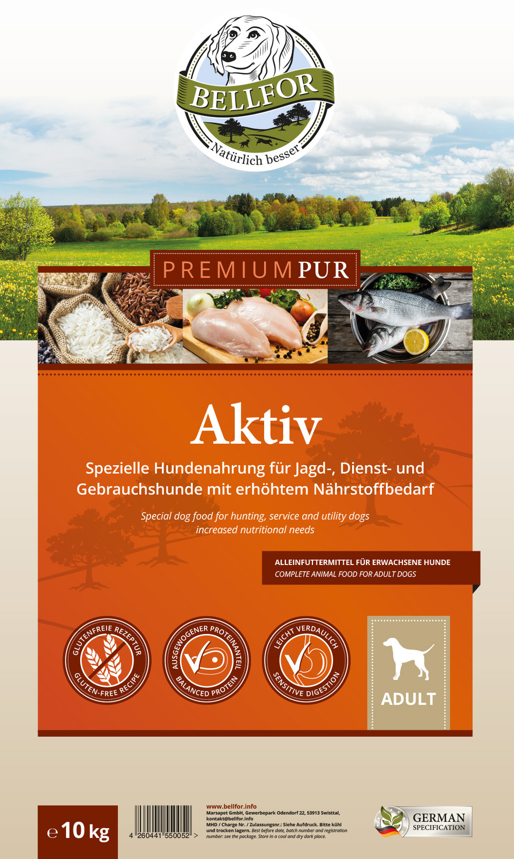 Nourriture pour chiens sans gluten avec poulet et poisson de mer - premium pur aktiv - 10 kg