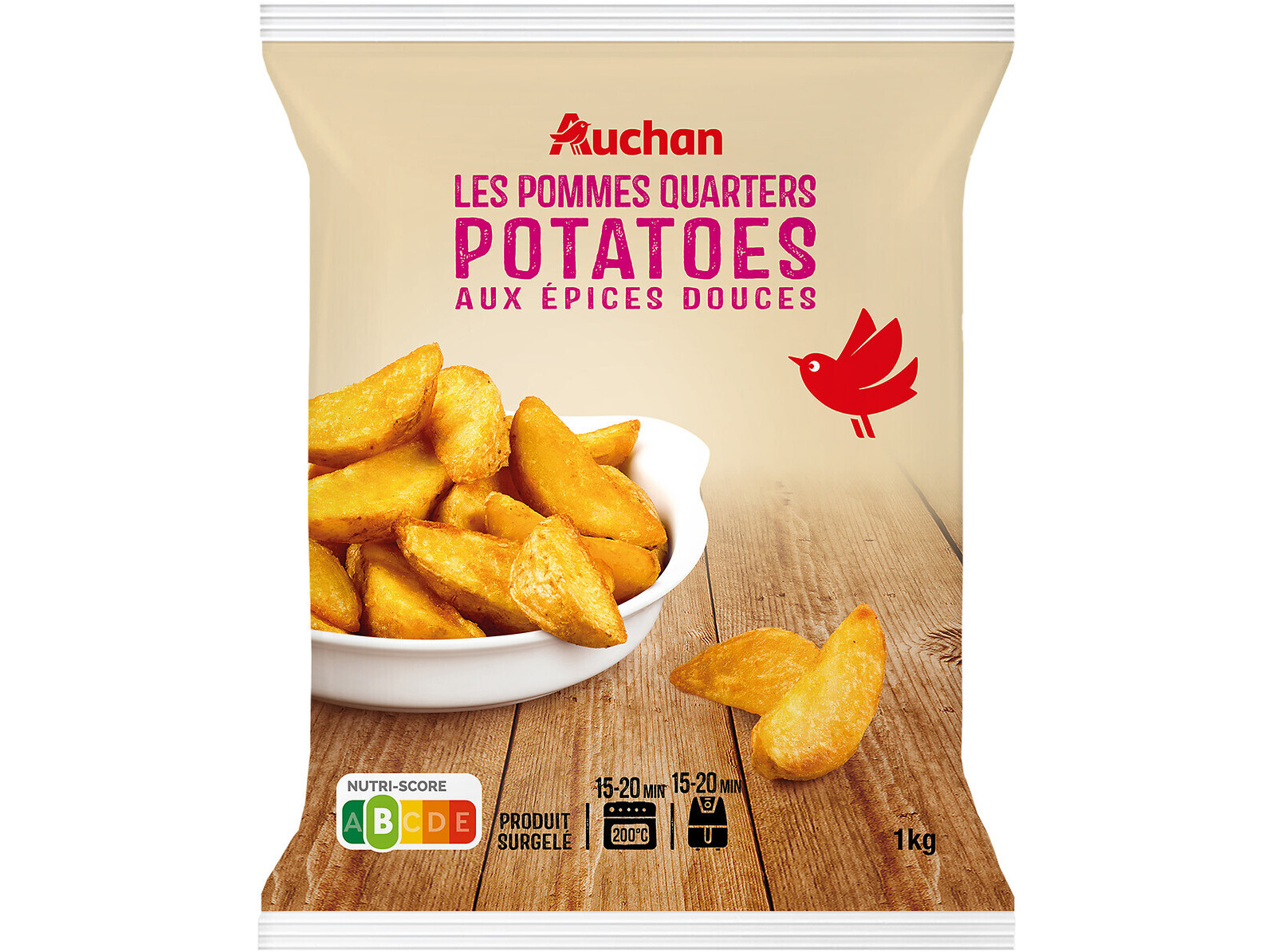 BATATA PRÉ-FRITAS AUCHAN QUARTOS COM PELE PARA FORNO E AIRFRYER 1KG