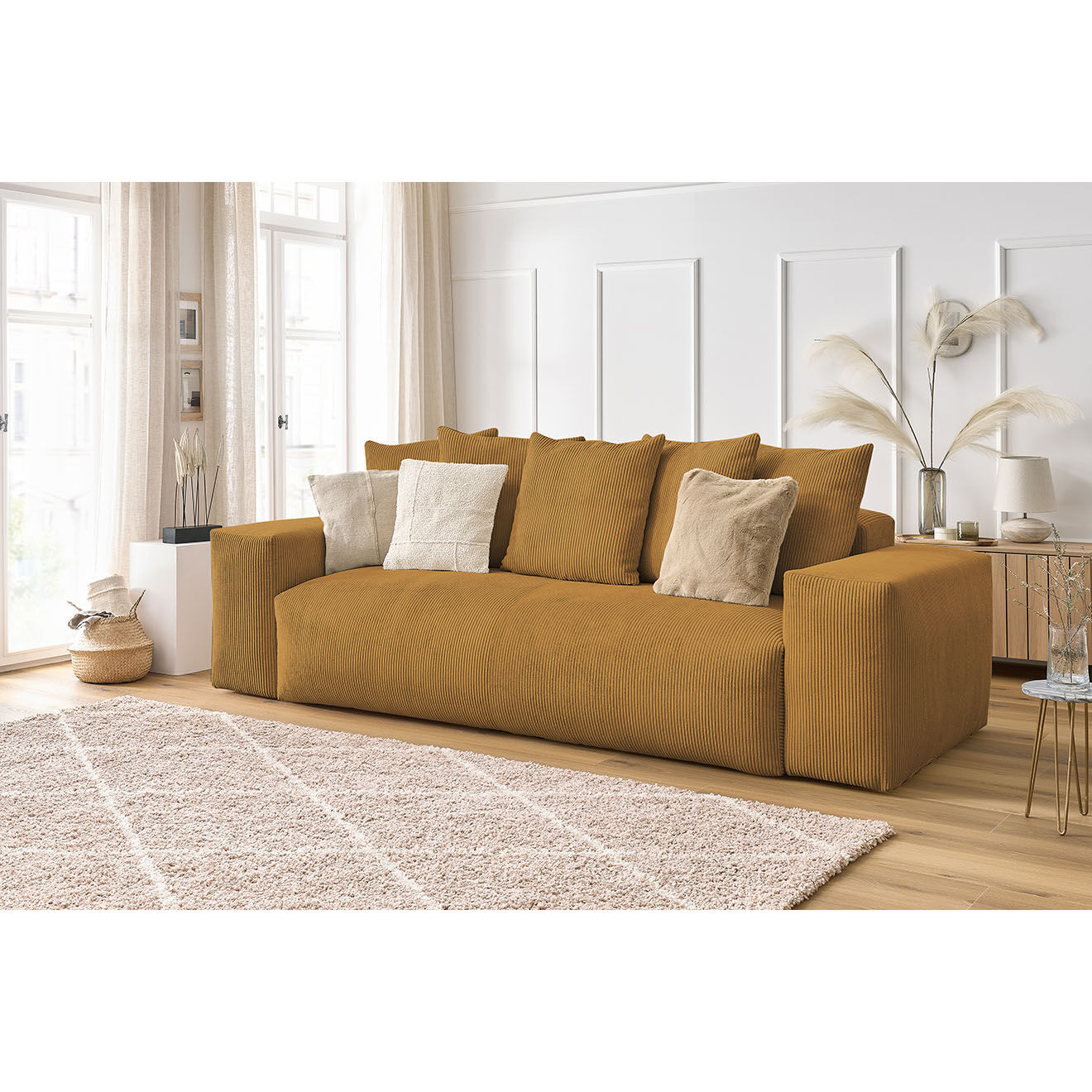 Bobochic Canapé droit fixe 3 places ultra moelleux voltaire velours côtelé jaune - 280x124x75 cm
