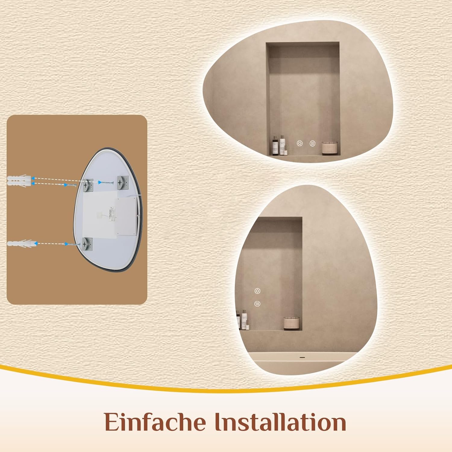 Clevich Badspiegel mit Beleuchtung Asymmetrisch 80×60 cm, LED Spiegel mit 3 Lichtfarben dimmbar, gehärtetes Glas, Touch-Schalter, Memory-Funktion, beschlagfrei, moderner Badezimmerspiegel mit Licht