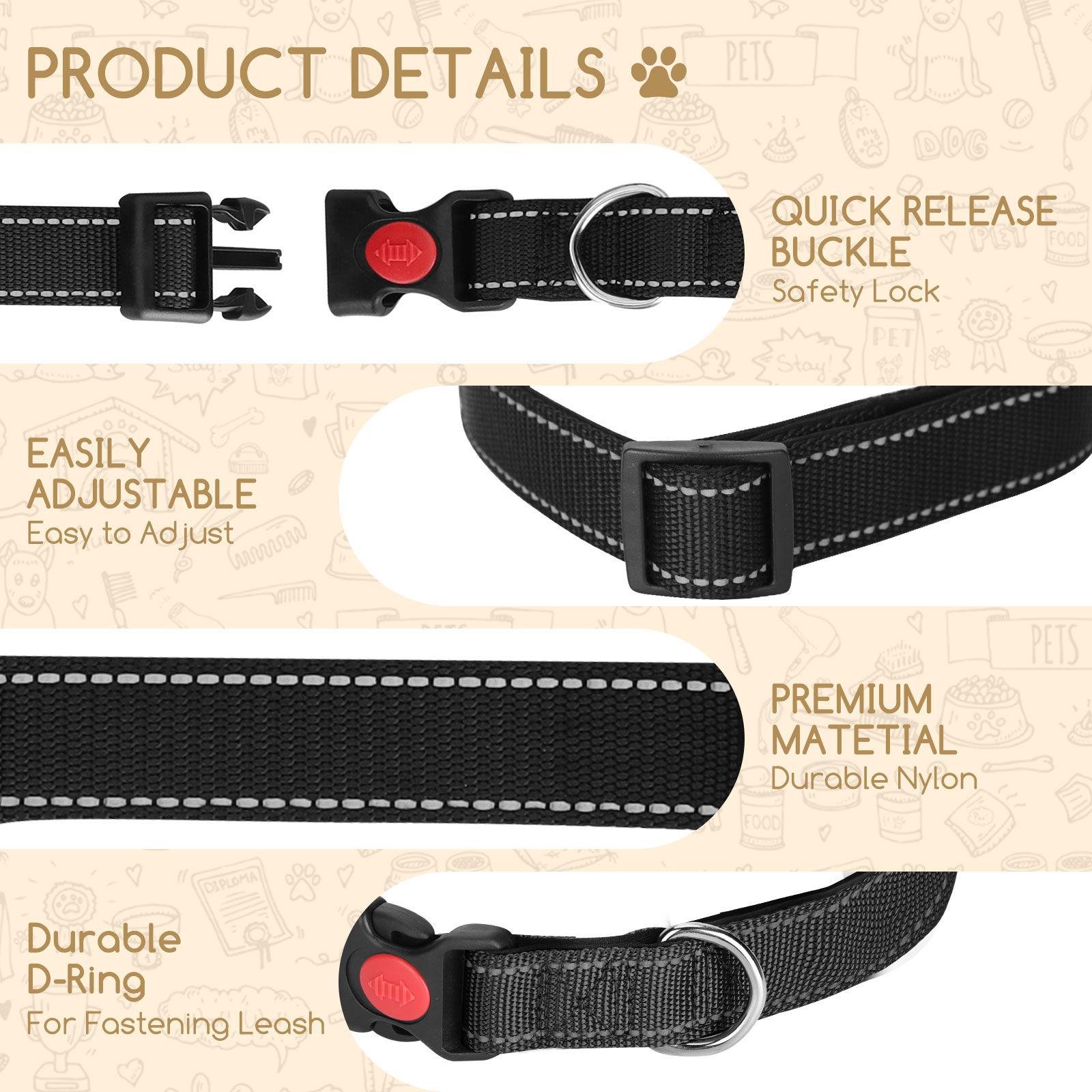 Nobleza - 2 coleiras para cães, coleira de nylon macia e acolchoada com detalhes refletivos, coleira ajustável para cães grandes com trava de segurança, coleiras para treinamento de cães (G, preta)