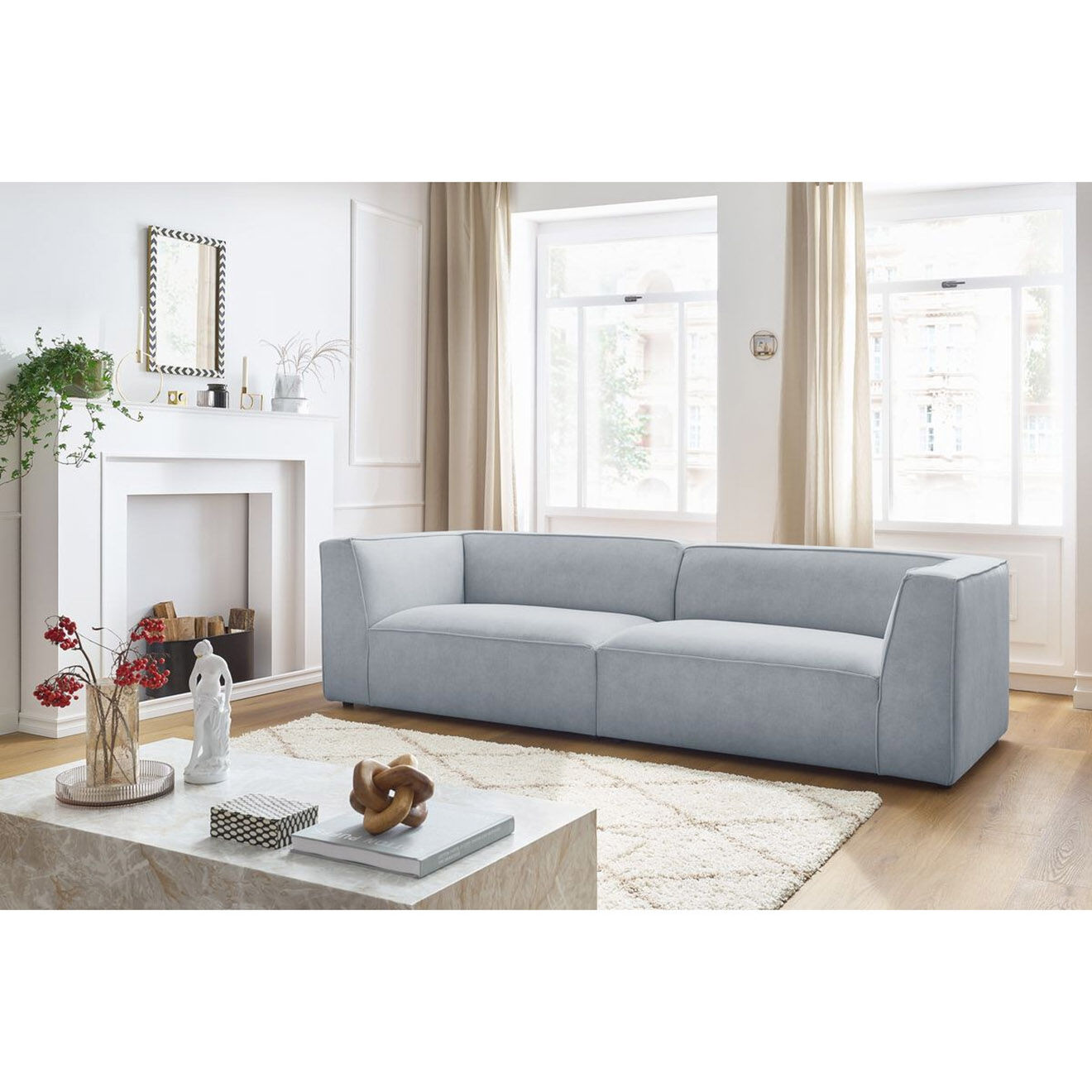 Bobochic Canapé droit fixe 4 places en Velours Molière gris clair - 273x99x71 cm