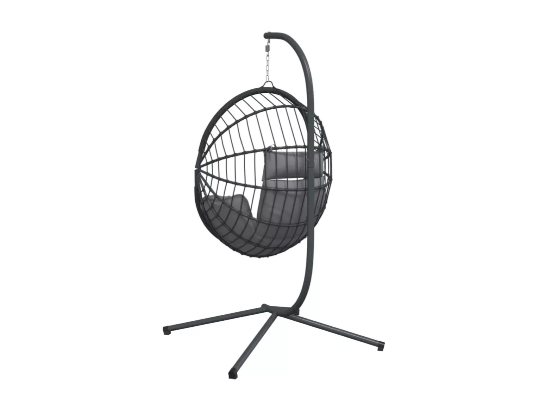 Chaise suspendue en forme d'œuf et support gris rotin et acier