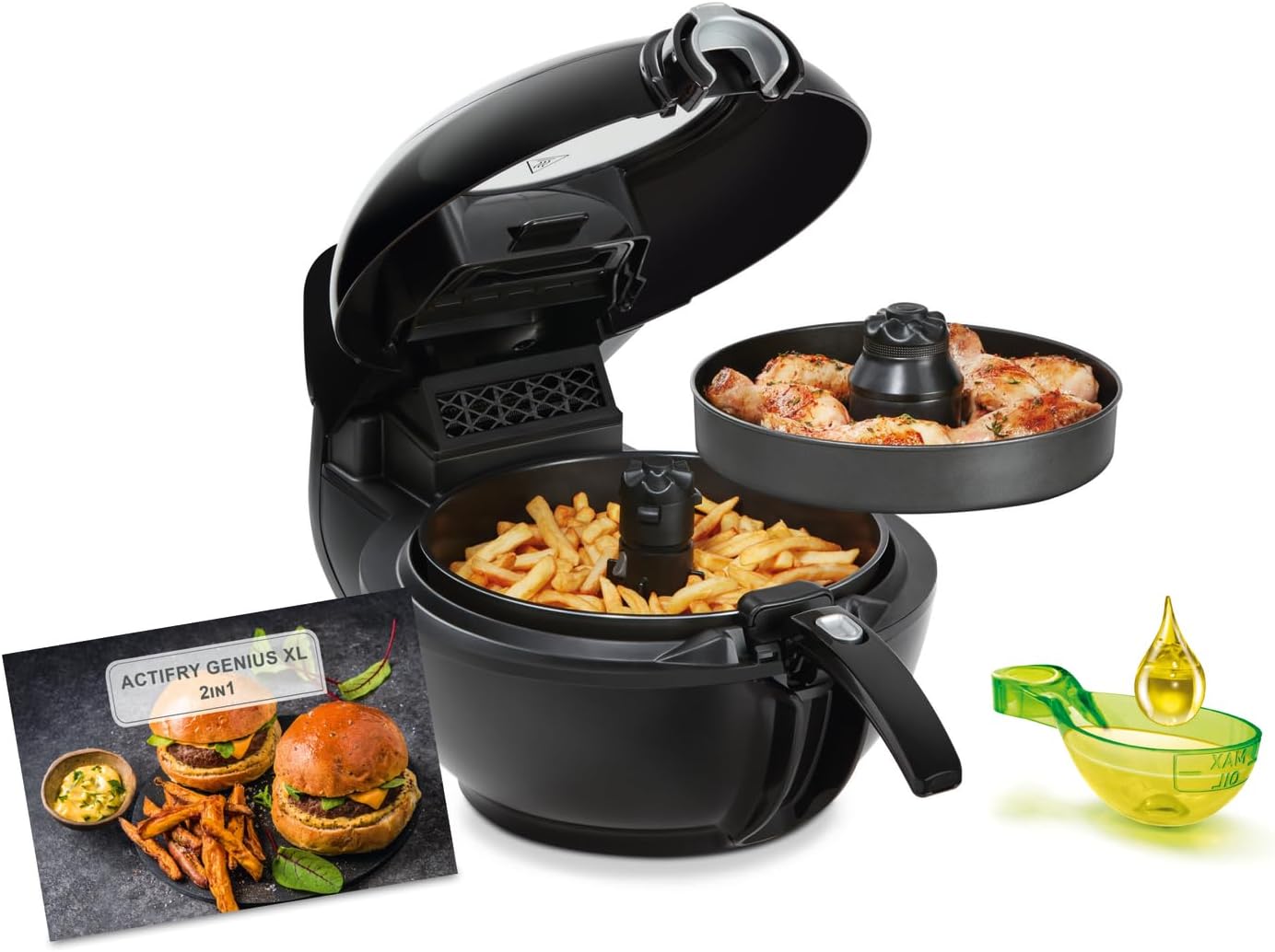 Tefal ActiFry Genius XL 2in1 Heißluftfritteuse mit Rührarm, Testsieger, 1,7 kg für 8 Personen, 9 automatische Menüs, 2 Speisen gleichzeitig, gesunde Friteuse ohne Öl, schwarz, YV9708