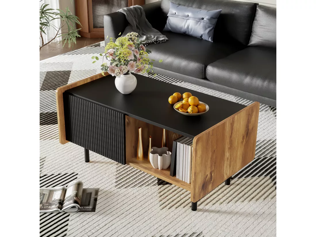 Table basse avec 2 portes et 2 compartiments ouverts - 90 x 55 x 45.5 cm - Panneaux de particules et MDF - Noir et bois