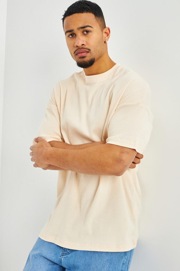T-shirt côtelé oversize beige