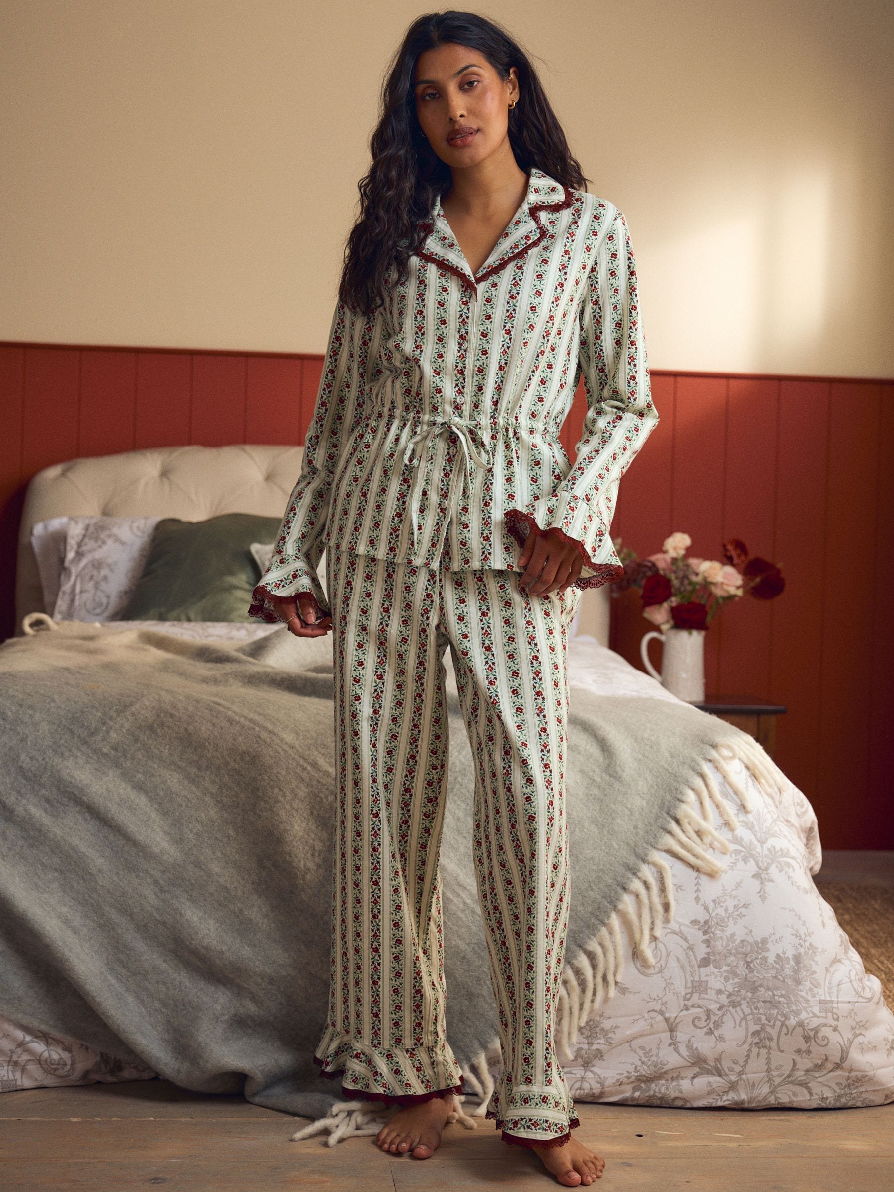 Laura Ashley Festive Christmas Kelbrook Stripe Button Through Pyjamas with Lace Edge