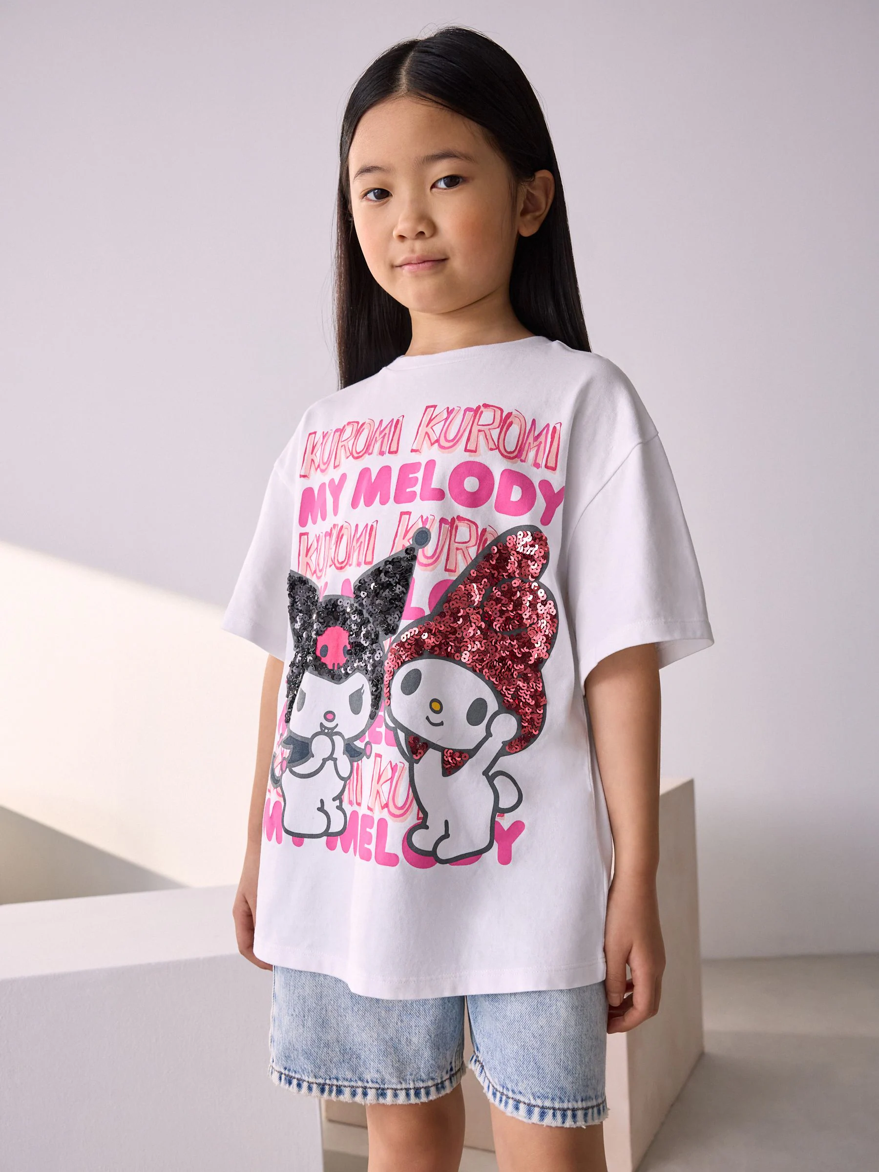 Wit - 100% katoenen oversized Kuromi & Melody T-shirt met licentieprint (3-16jr)