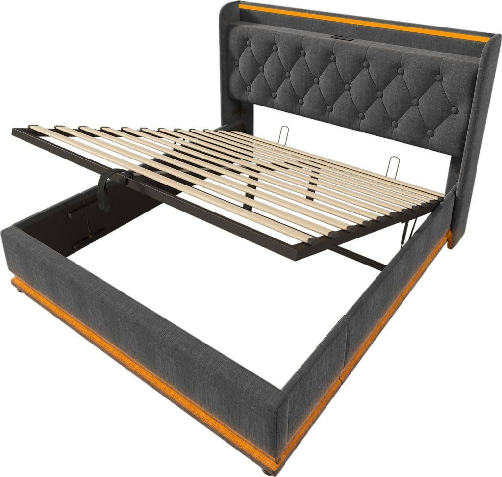 Flieks Polsterbett 140x200cm mit Ladefunktion (USB&Typ-c), Jugendbett Doppelbett Stauraumbett mit LED, Hydraulisches Boxspringbett, Leinen, Grau