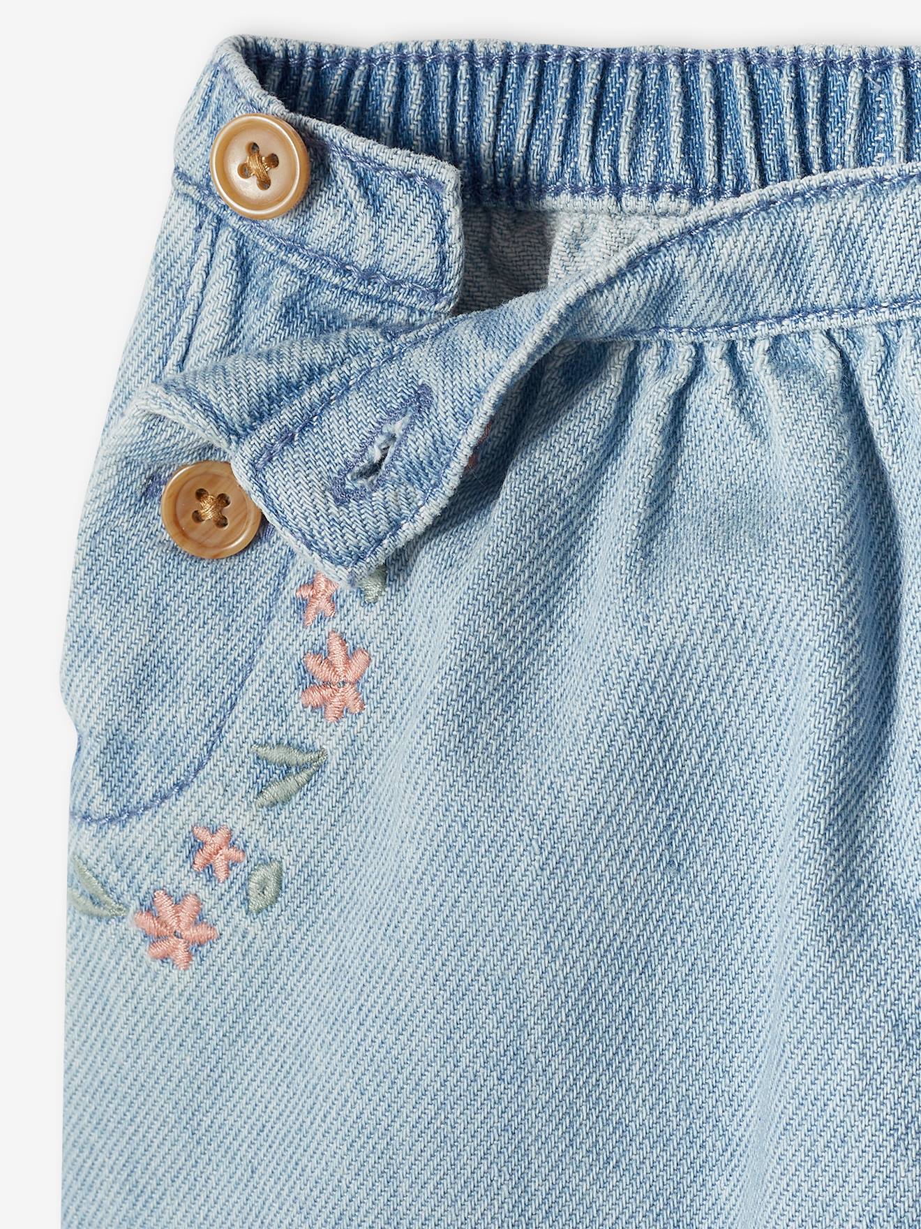 Calça harém de jeans para bebê com bordado, jeans desbotado