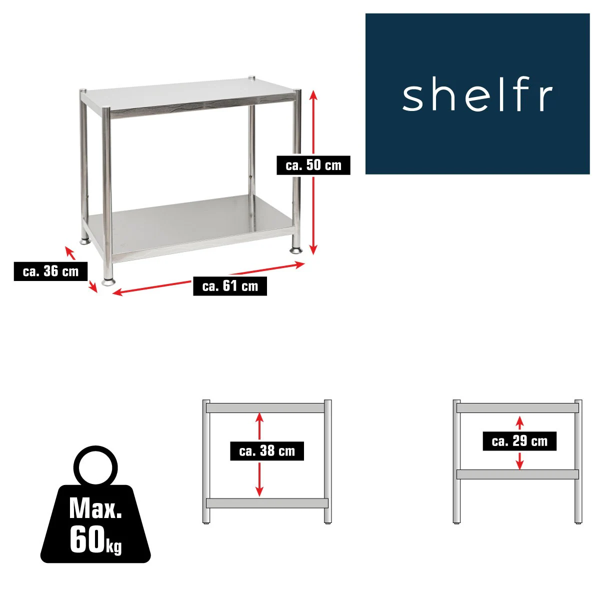 2 Ebenen Edelstahl Regal - 61x36x50 Schwerlastregal bis 60kg - Metallregal Küche