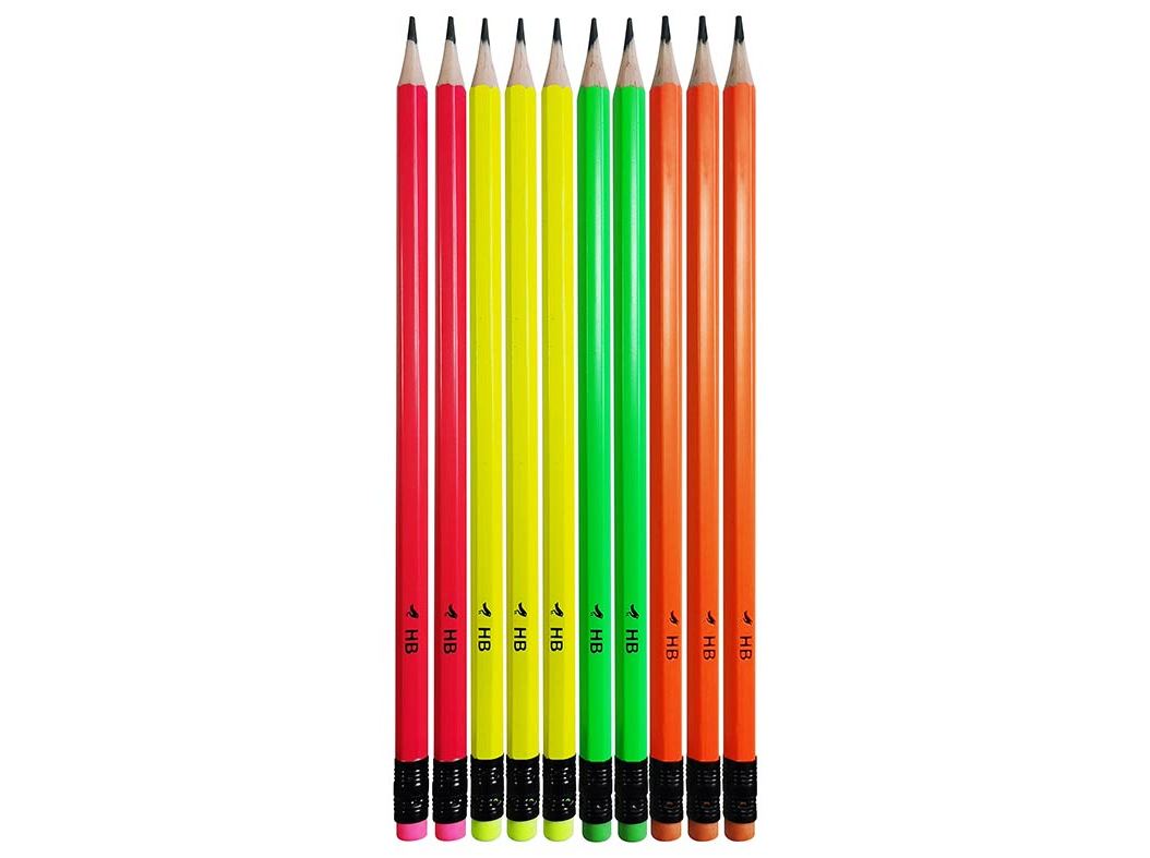 CONJUNTO DE 10 LÁPIS AUCHAN GRAFITE HB COM BORRACHA NEON