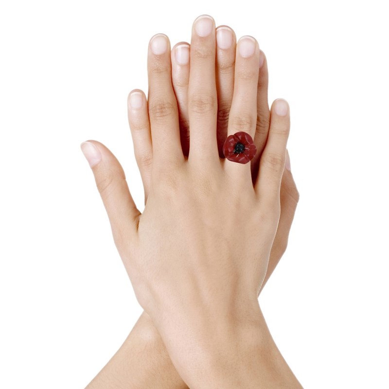 Bague Métal Argenté Petit Coquelicot Avec Pistil Céramique Rouge