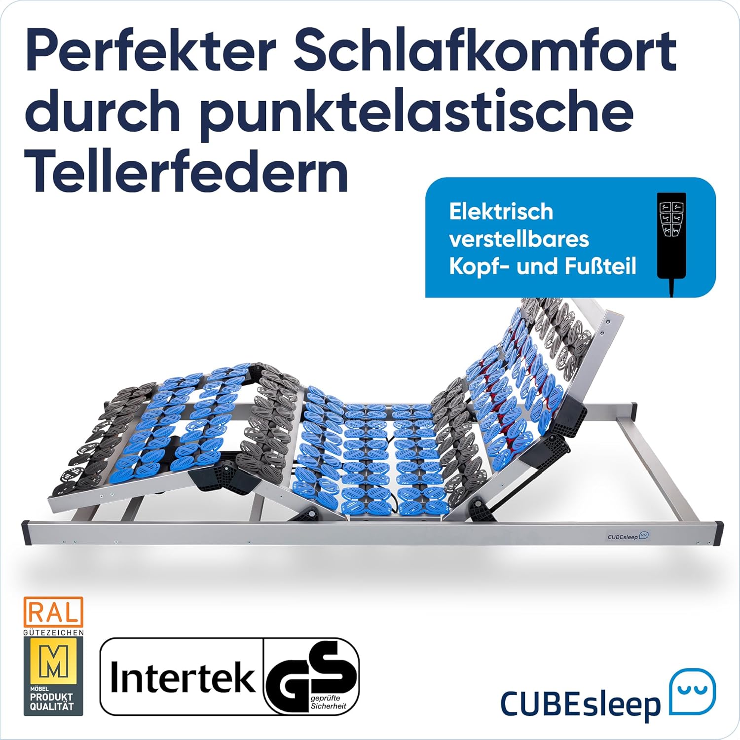 CubeSleep 7-Zonen Tellerfeder-Lattenrost Cloud 80x200 cm | Kopf- und Fußteil elektrisch verstellbar | Made In Germany | GS Zertifiziert – geprüfte Sicherheit | fertig montiert