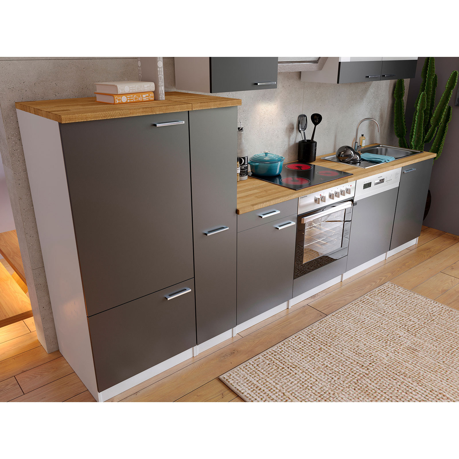 RESPEKTA Küchenblock - grau-weiß - mit E-Geräten - 310 cm