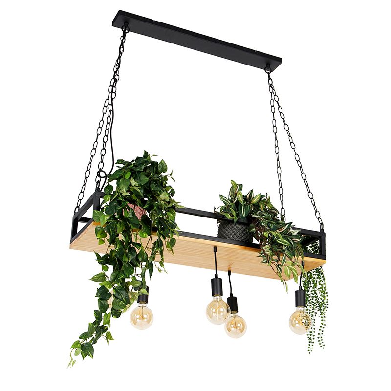 Industriële hanglamp zwart met hout 5-lichts - Shelf