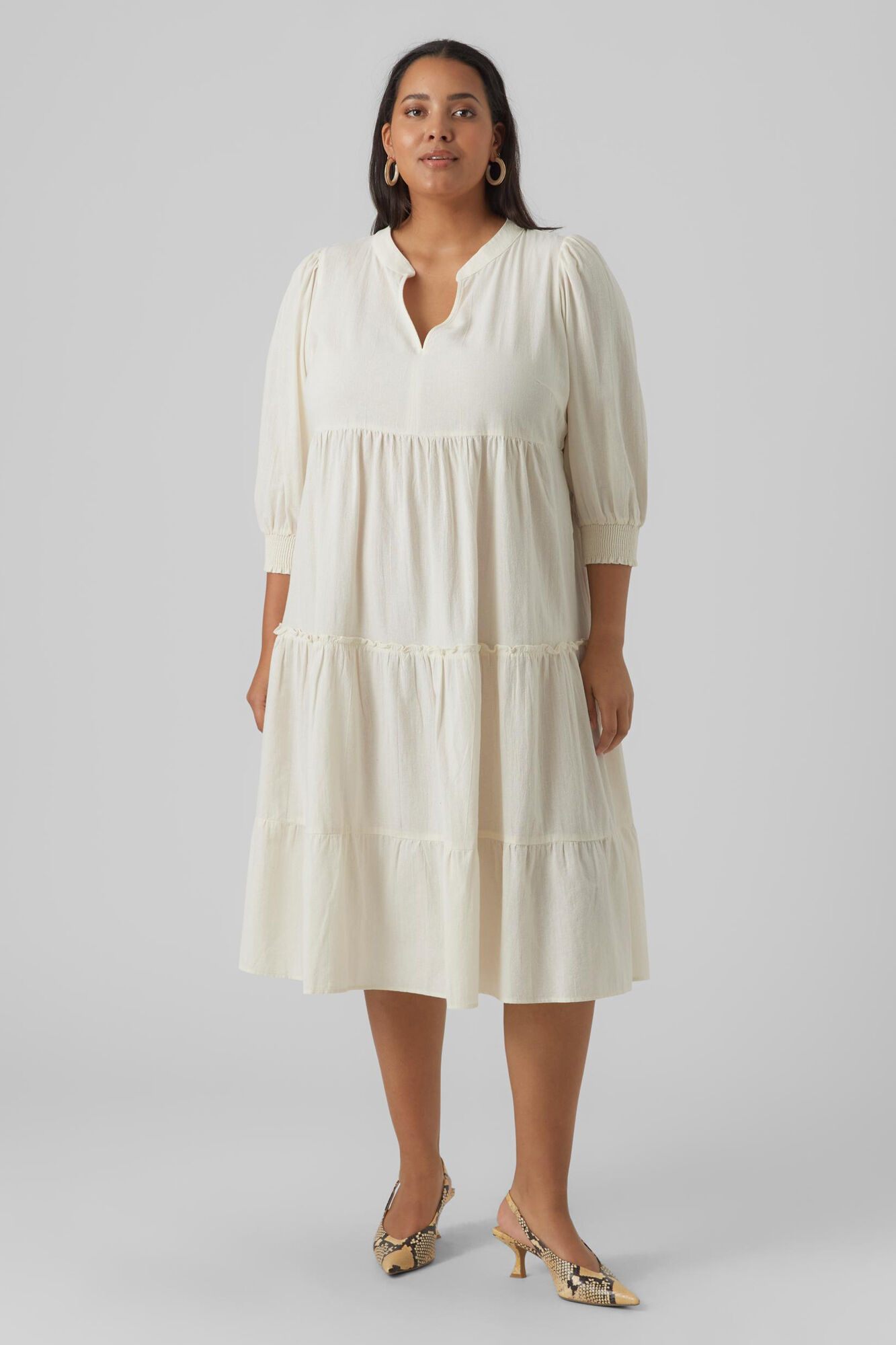 Vestido de manga midi tamanho 3/4 plus size - Bege