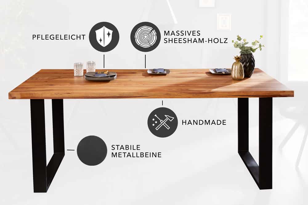 Massivholz Esstisch IRON CRAFT 200cm braun schwarz Sheesham stone finish Industrial
