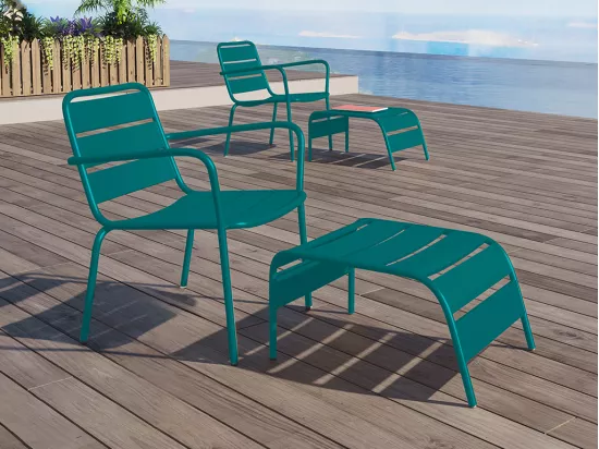 Fauteuil bas de jardin empilable + repose pied en métal - Bleu canard - MIRMANDE de MYLIA