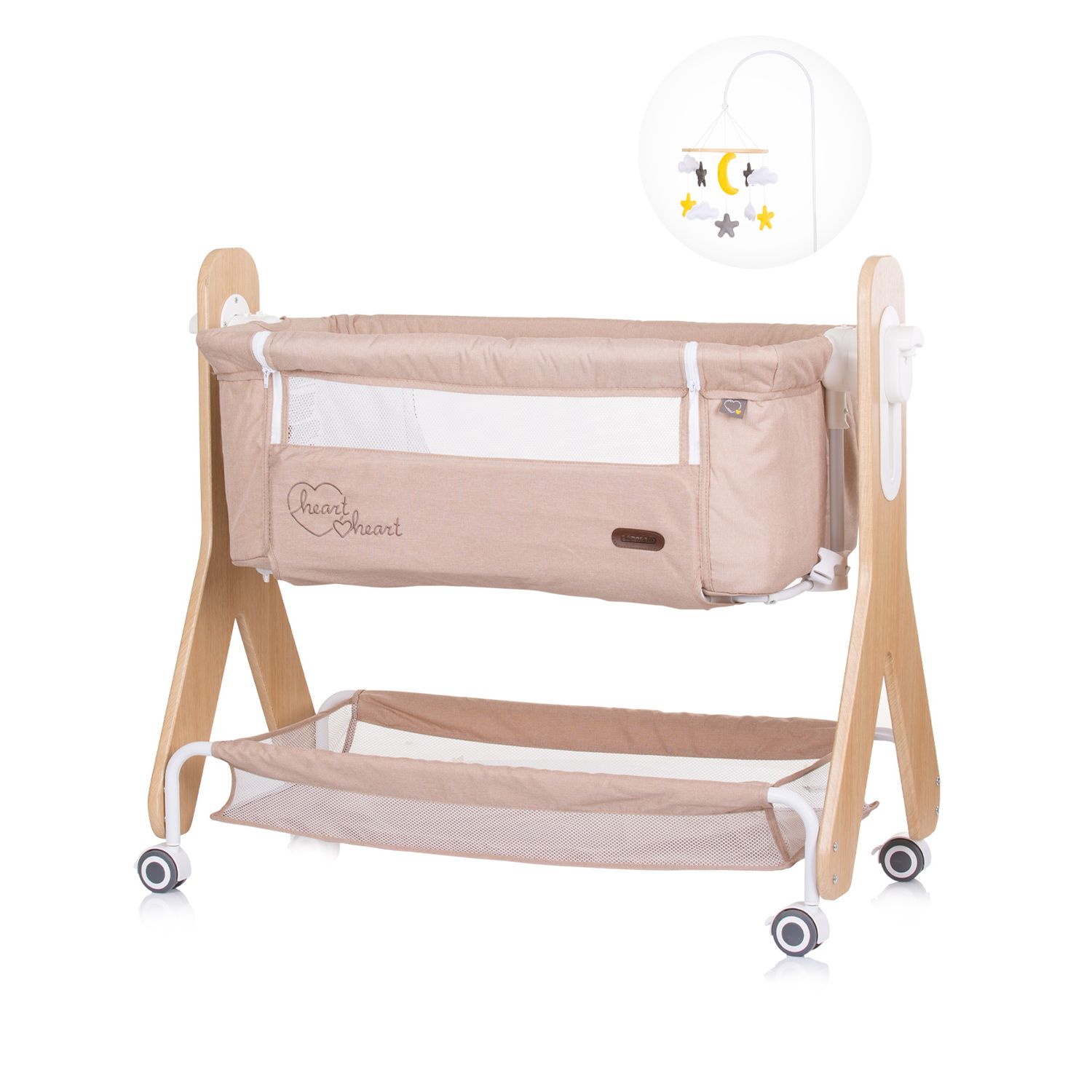 Chipolino Babybett Heart 2 Heart, Beistellbett, Rollen, Matratze, Wiegefunktion beige