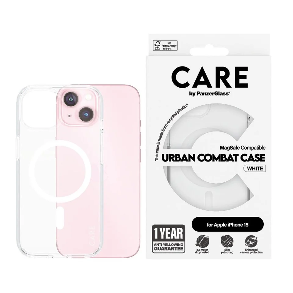 CARE by PanzerGlass - Case - Transparent med Hvid MagSafe - iPhone 15