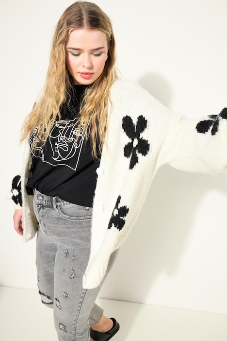 Strickjacke, Oversize Shape, Flowers, Langarm