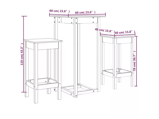 Ensemble de bar 3 pcs Bois de pin massif