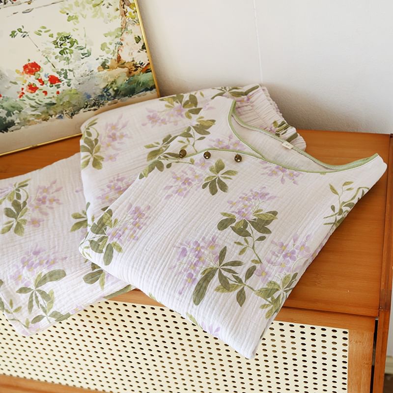 MelMount - Pyjamaset: Top met lange mouwen, ronde hals, bloemenprint en kralenmotief + broek