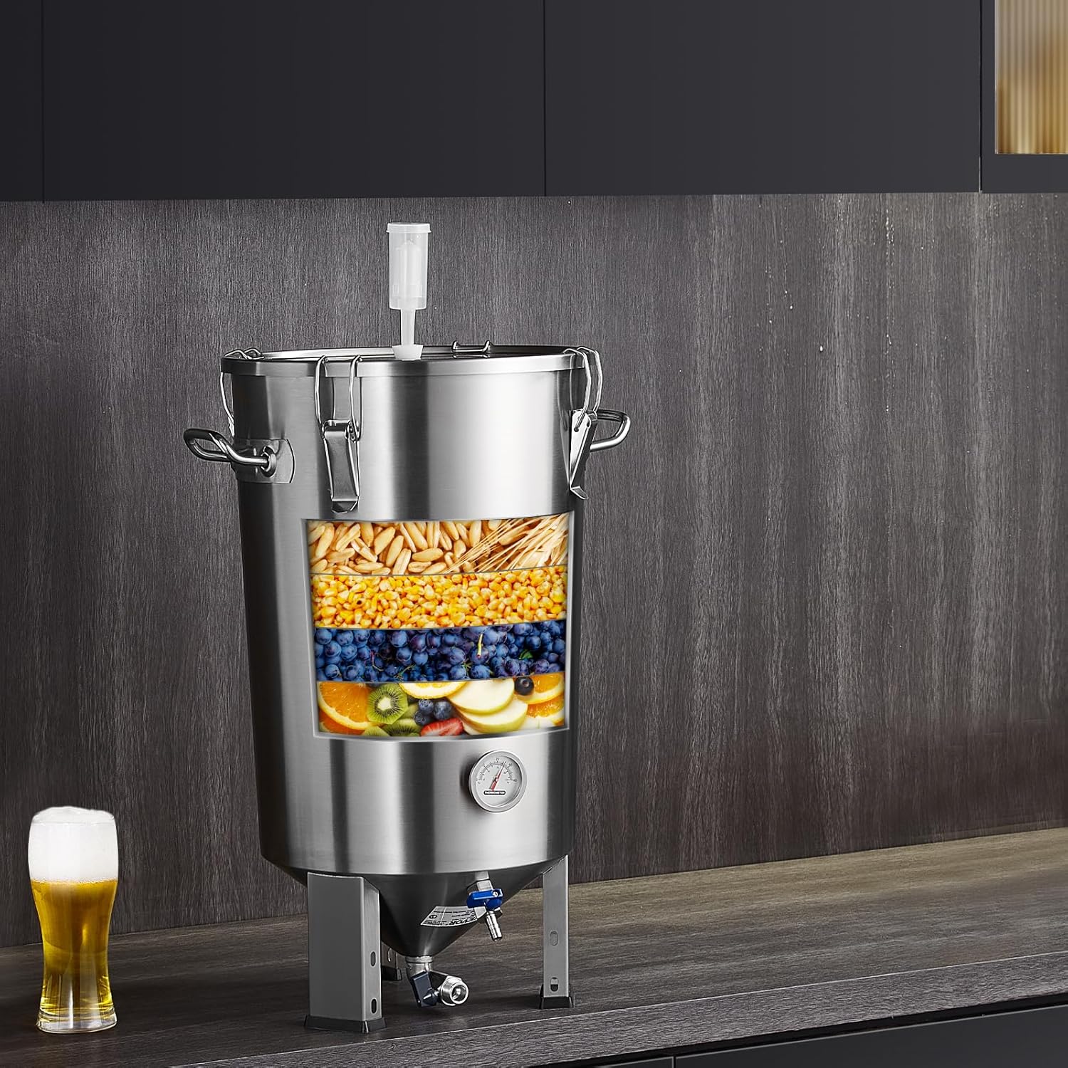 VEVOR Bierbrauanlage Bierbraugerät Edelstahl 30 L Bierfermenter, Braueimer-Fermenter zum Brauen, Heimbrauzubehör mit Sockel, Kessel-Suppentopf inkl. Deckel, Griff, Ventil, Zapfhahn