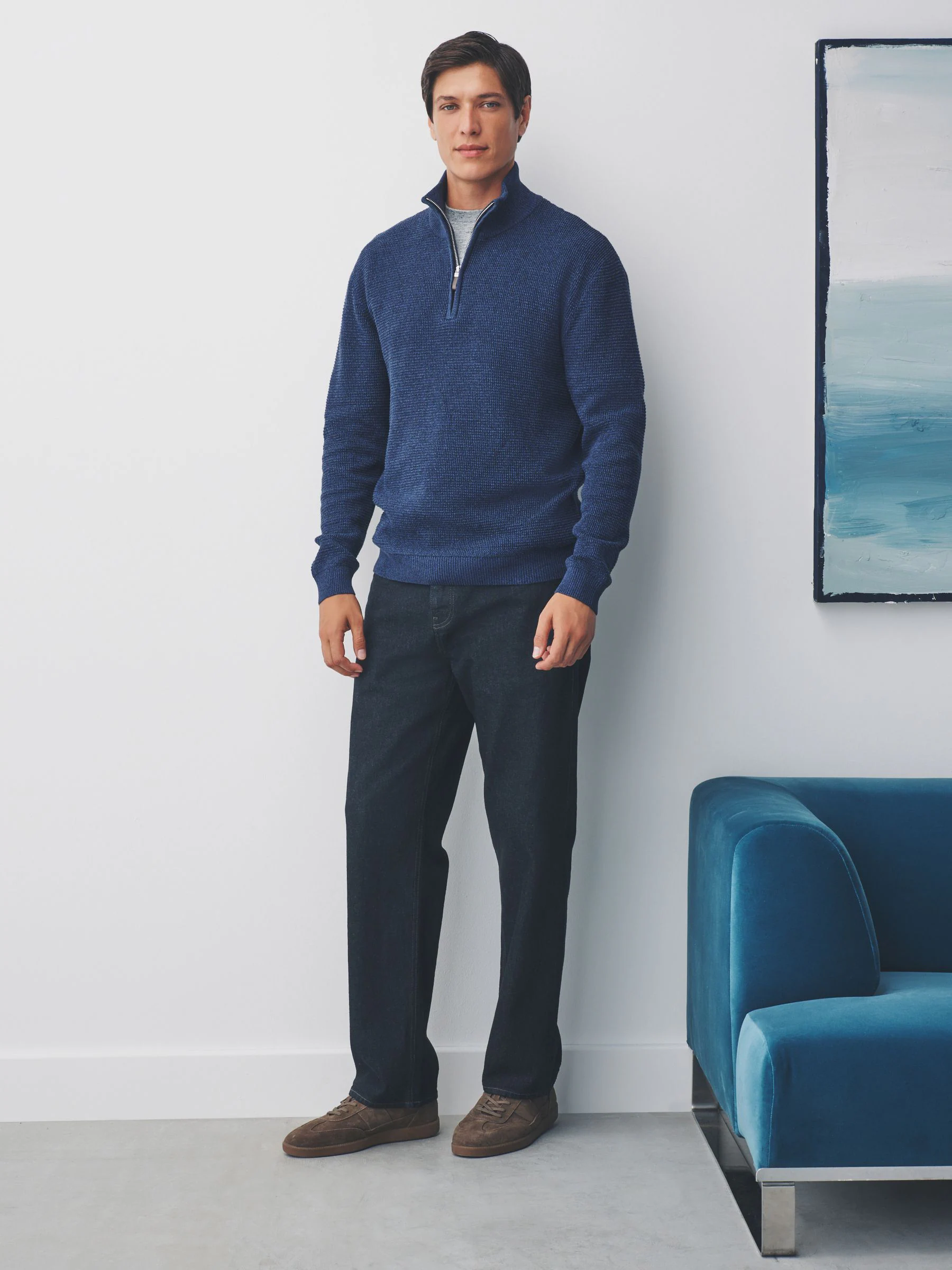 Blauw - Effen - Regular Fit 100% Cotton Textured Premium Quarter Zip Jumper