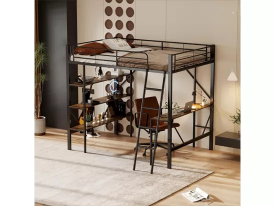 Lits superposés 90x200cm lit mezzanine avec bureau et trois grandes étagères noir