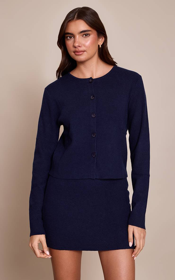 Bleu Marine Cardigan Sans Col En Maille Compacte