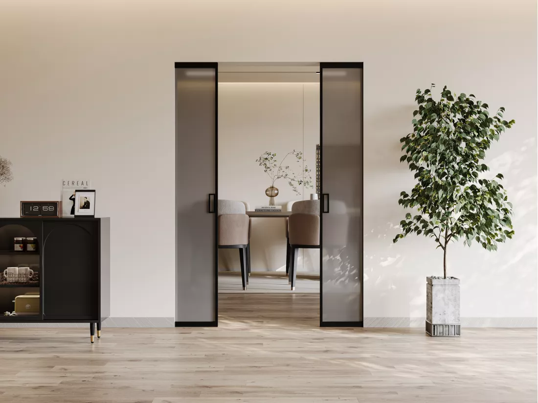 Porte coulissante double avec système à galandage - aluminium et verre trempé fumé dépoli - 2 x H205 x L63 cm - LINCI II
