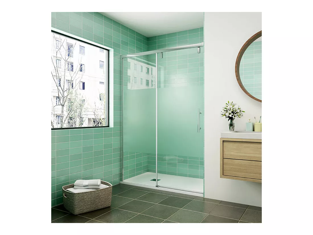 Porte de douche coulissante avec l'amortisseur 140x190cm verre sablé au centre - Installé à Gauche